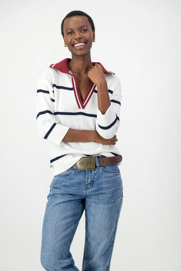 Just Cruizin : Harper Cotton Placket Knit - Linen Navy Cranberry